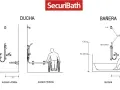 Diagrama de ducha y bañera SecuriBath. Muestra la altura grifo bañera regulable y fija, y medidas para accesibilidad.