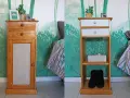 Ideas para pintar mesitas de noche: antes y después de renovar un mueble de madera con cajones y puertas, junto a una cama.