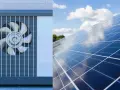 Unidad exterior de aerotermia junto a un campo de placas solares bajo un cielo azul con nubes.