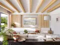 Salón moderno con palilleria en pared, vigas de madera en techo y sofá modular.