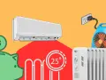 Ahorra dinero con una calefacción eléctrica más eficiente. Un hucha con un dólar, un aire acondicionado y un radiador.