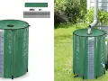 Inventos para recoger agua de lluvia: barril verde plegable con medidor de capacidad, ideal para jardines.