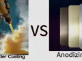 Proceso de pintar aluminio con recubrimiento en polvo versus anodizado, mostrando la aplicación de pintura y muestras de aluminio anodizado.