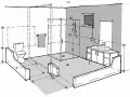 Boceto de un baño moderno con ducha, inodoro y lavabo. Se aprecian las medidas para la instalacion fontaneria baño.