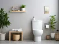 Un baño moderno con un inodoro blanco, plantas verdes y un espejo. Se aprecian varios tipos de inodoro en el diseño.
