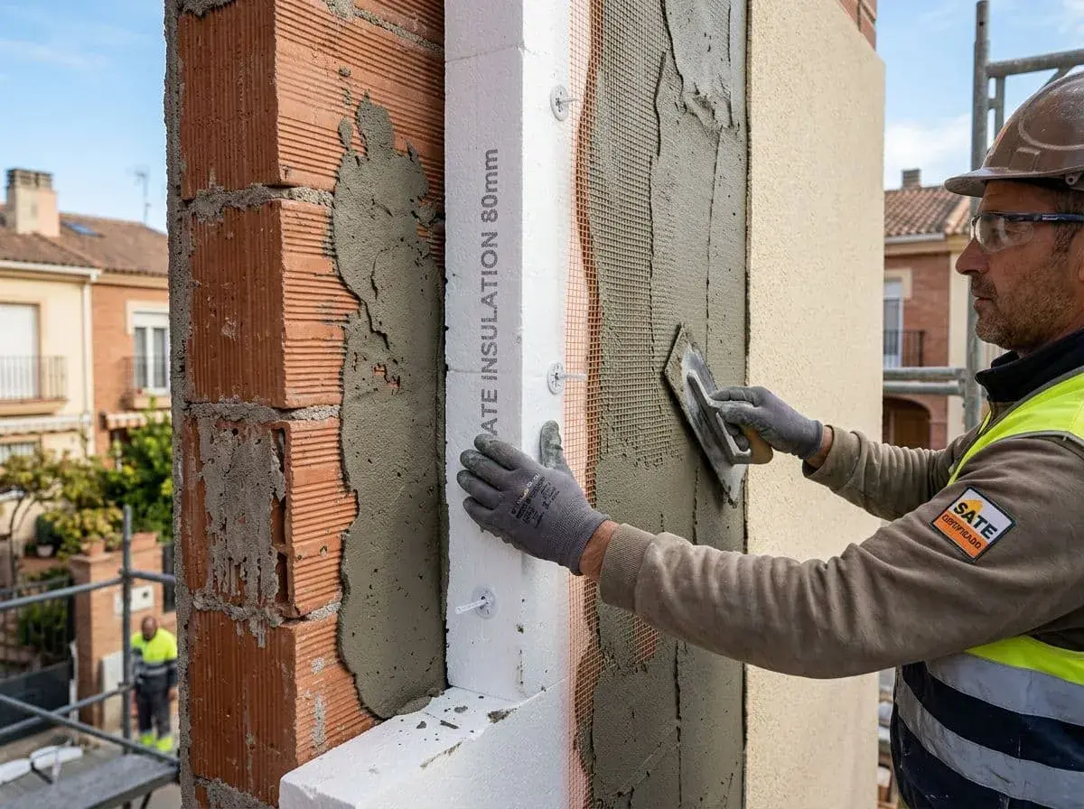 Obrero aplica mortero sobre aislamiento térmico en fachadas. El material SATE mejora la eficiencia energética.
