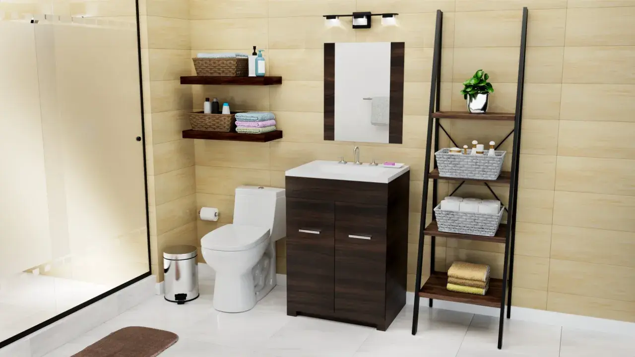 Baños modernos pequeños con ducha, inodoro, lavabo con mueble oscuro y estantería de escalera con cestas organizadoras.