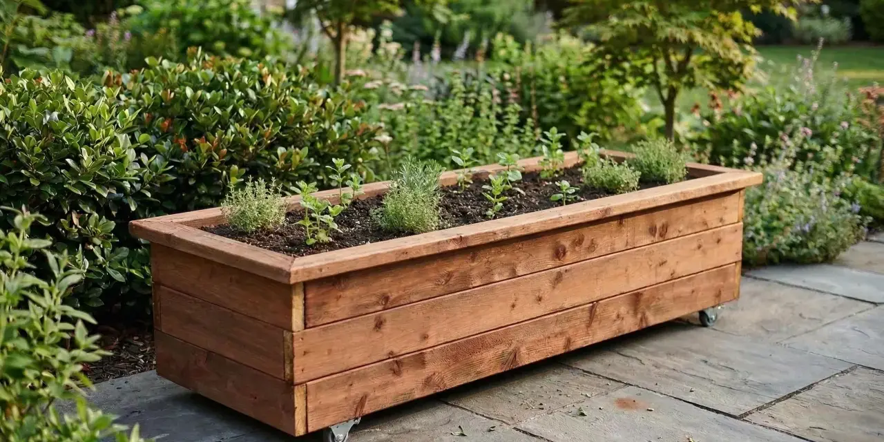 Jardinera de madera con ruedas, ideal para aprender como hacer una jardinera de madera y cultivar hierbas aromáticas en tu patio.