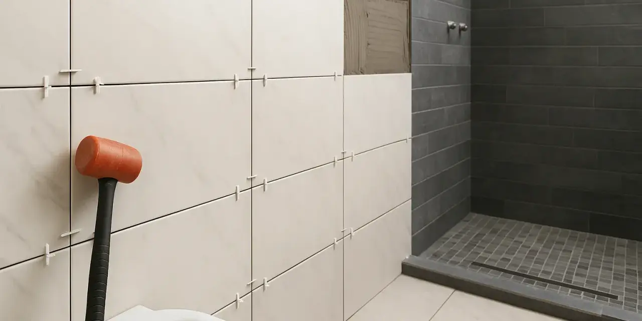 Martillo de goma junto a azulejos listos para alicatar baño. Ducha con azulejos oscuros al fondo.