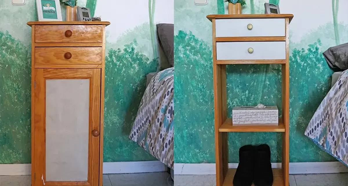 Ideas para pintar mesitas de noche: antes y después de renovar un mueble de madera con cajones y puertas, junto a una cama.