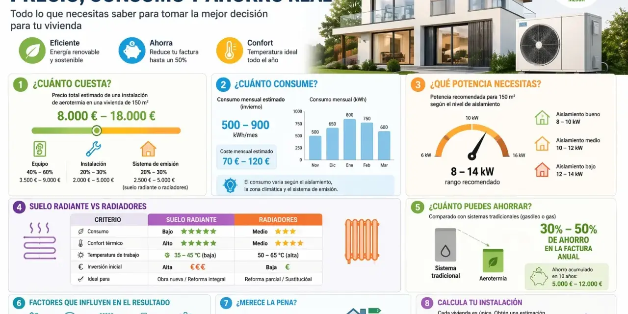 Infografía sobre aerotermia: coste, consumo y ahorro para una vivienda de 150 m². Explica qué es la aerotermia, su potencia, consumo y ahorro.