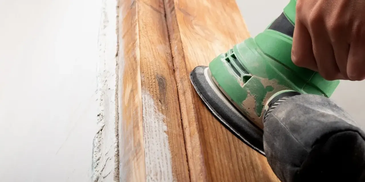 Lijando madera para quitar barniz viejo. El proceso de como quitar barniz de la madera se ve en acción con una lijadora.