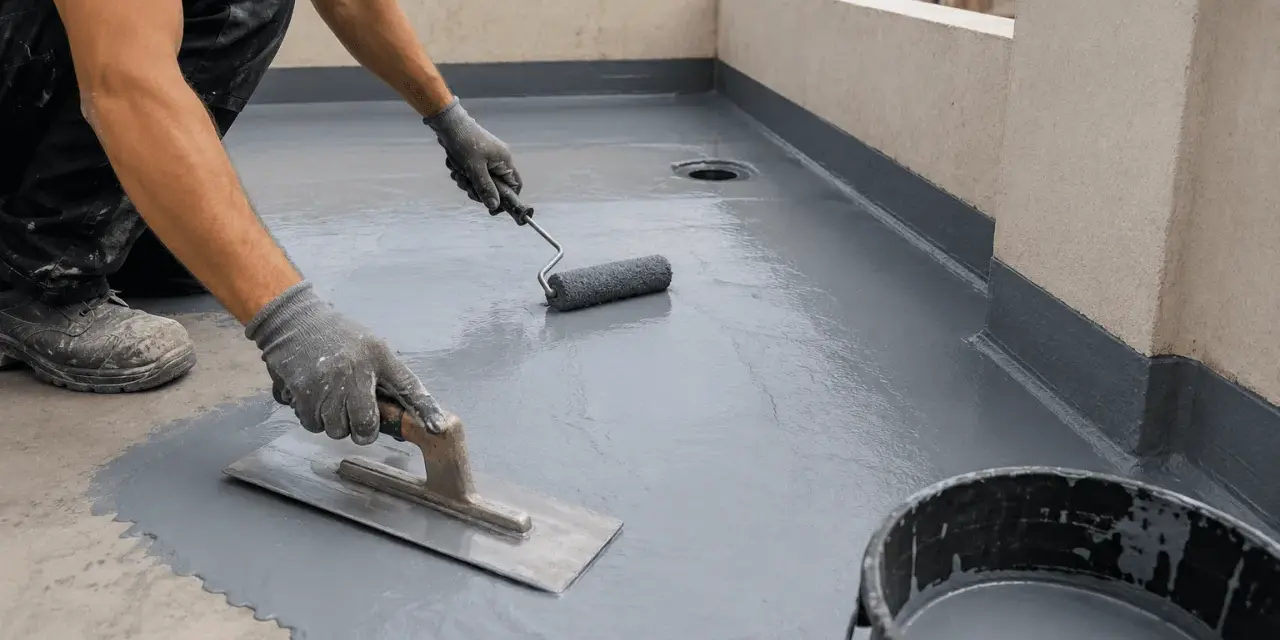 Aplicación de impermeabilizante para terrazas con rodillo y llana. Protegiendo la superficie contra la humedad.