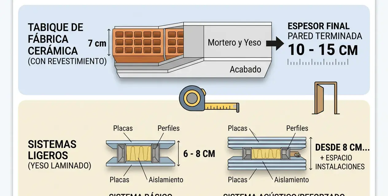 Ilustración compara tipos de tabiques interiores: cerámica (10-15 cm) y sistemas ligeros (6-8 cm).
