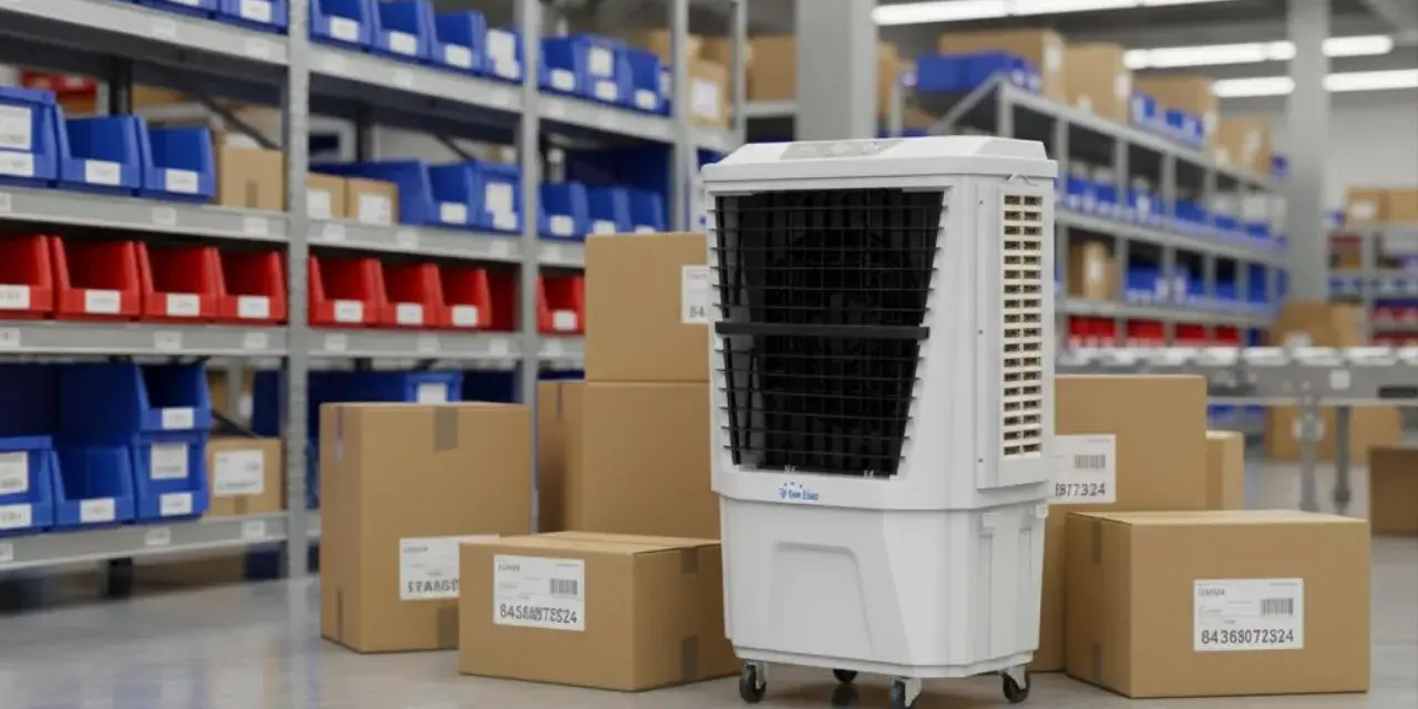 Un climatizador evaporativo blanco con ruedas, rodeado de cajas de cartón y estanterías con contenedores azules y rojos en un almacén.
