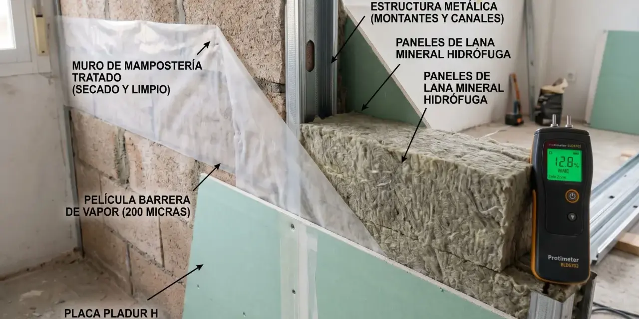 Detalle de cómo aislar una pared ya construida con lana mineral, barrera de vapor y placas de yeso laminado.