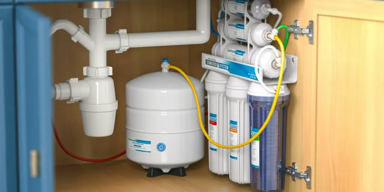 Sistema de ósmosis inversa instalado bajo el fregadero. Un tanque blanco y varios filtros de agua listos para instalar osmosis en casa.