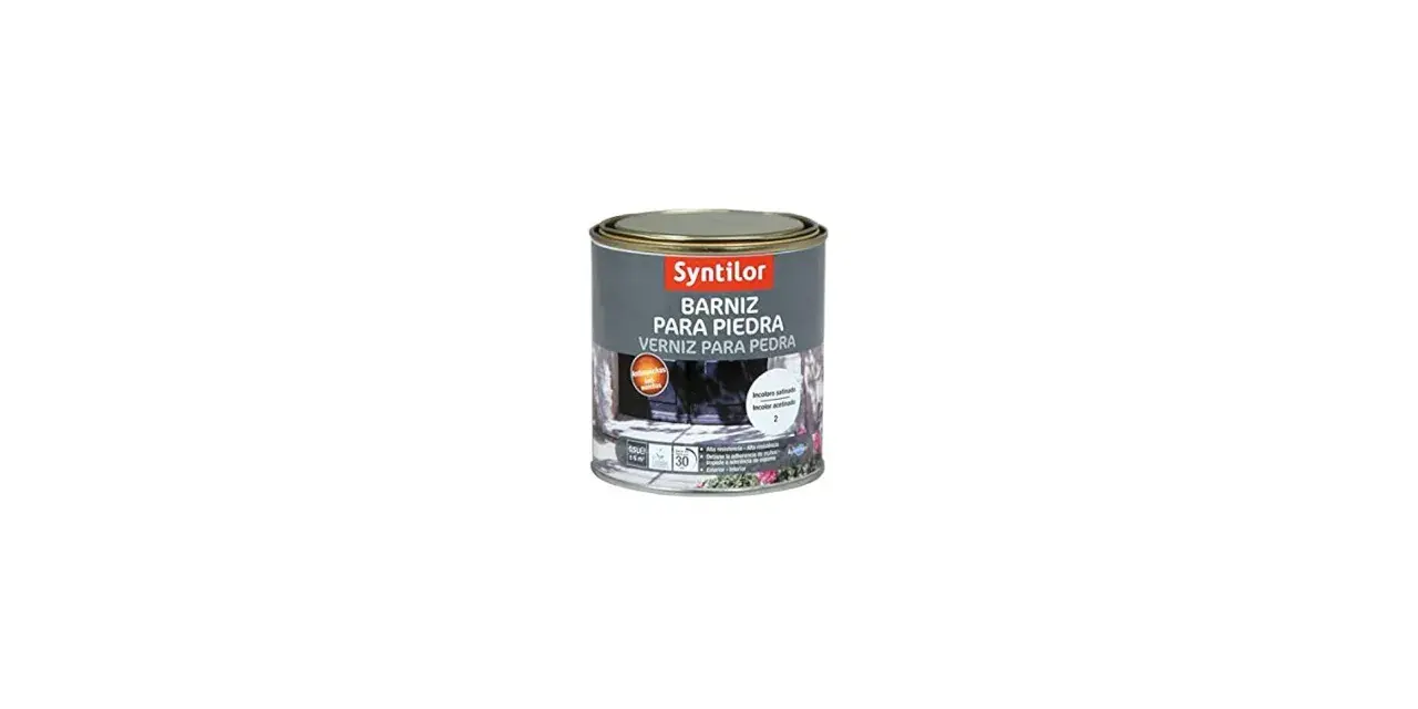 Lata de barniz para piedra Syntilor, ideal para proteger y embellecer superficies exteriores e interiores.