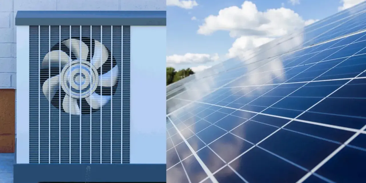 Unidad exterior de aerotermia junto a un campo de placas solares bajo un cielo azul con nubes.