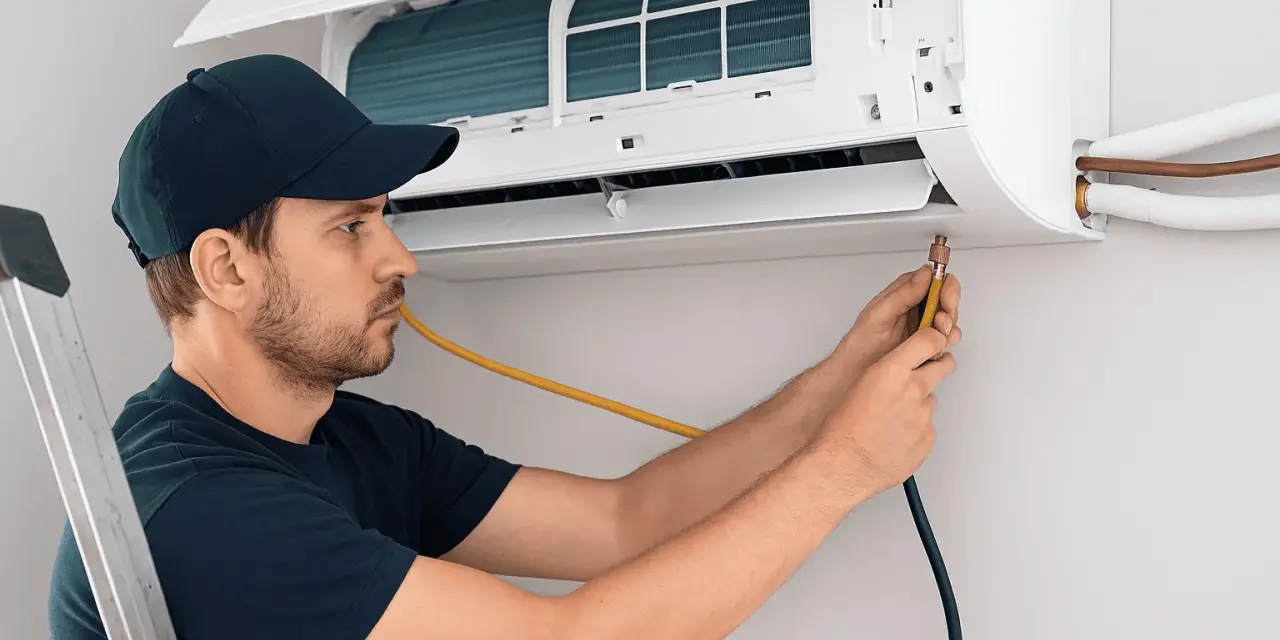 Técnico con gorra azul trabajando en la instalación de un aire acondicionado, conectando mangueras a la unidad interior.