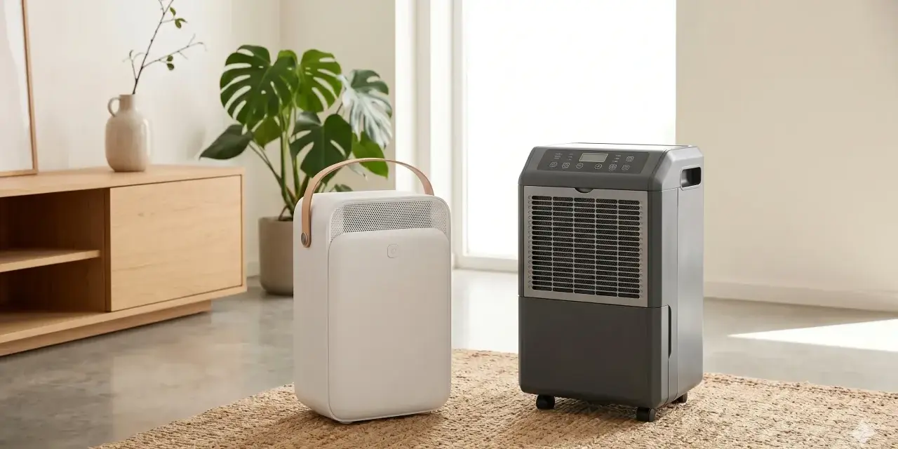 Dos tipos de deshumidificadores, uno blanco y portátil con asa de madera, otro gris con ruedas, en una sala de estar moderna.