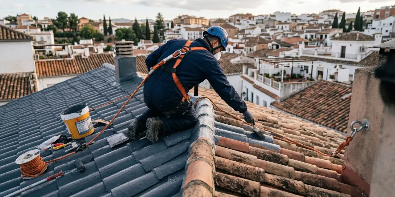 Trabajador realiza impermeabilización de tejados con pintura especial. Se ve equipo de seguridad y materiales.