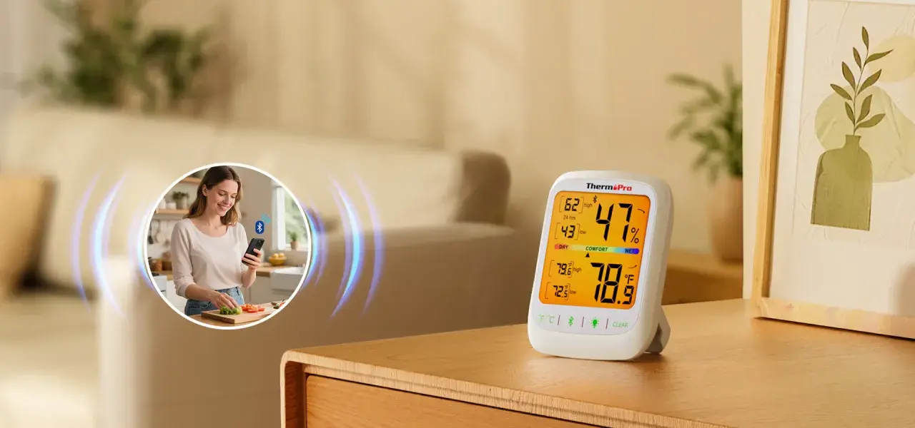 Un higrómetro digital muestra 47% de humedad y 78.9°F. Una mujer sonríe usando su teléfono en la cocina.