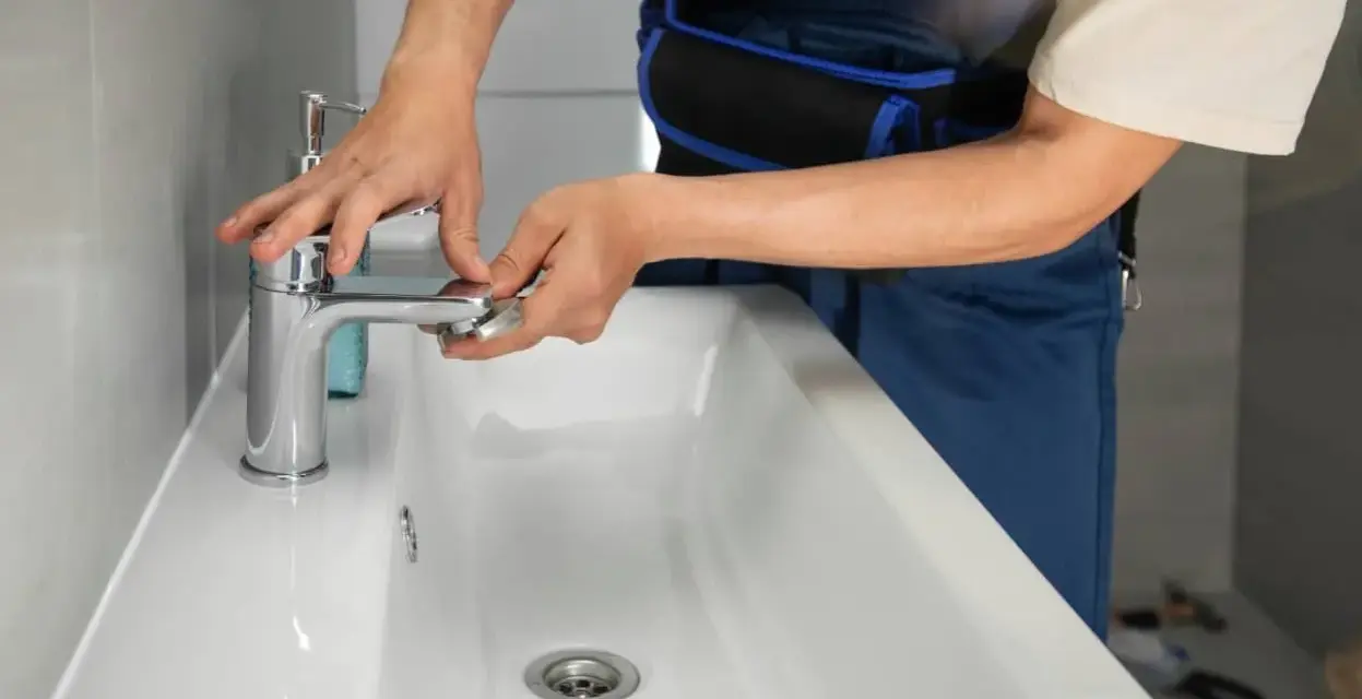 Man con mono azul trabajando para cambiar grifo lavabo. Manos ajustando la base del grifo cromado sobre el lavabo blanco.