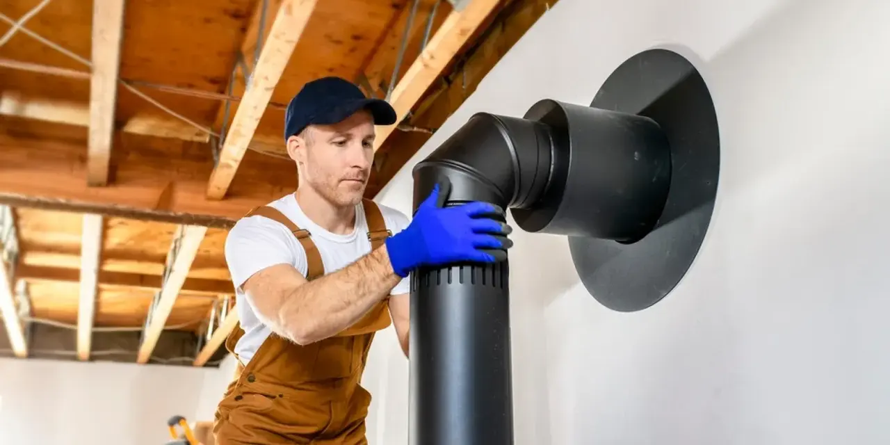 Instalador con guantes azules ensambla tubería negra para chimenea. Guía visual sobre como hacer una chimenea de obra.
