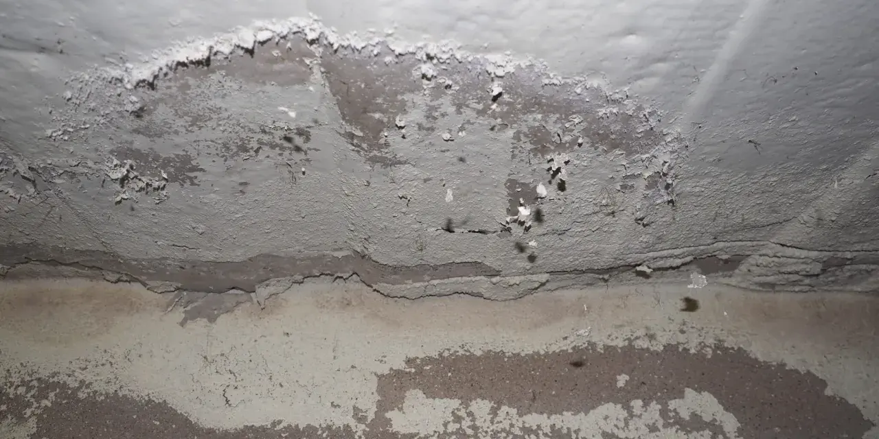 Pintura mineral descascarada en una pared, revelando capas de yeso y concreto debajo.