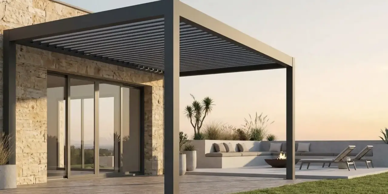 Moderna casa con terraza y **pérgola bioclimática** de lamas orientables. Sofá, tumbonas y hoguera invitan al relax.