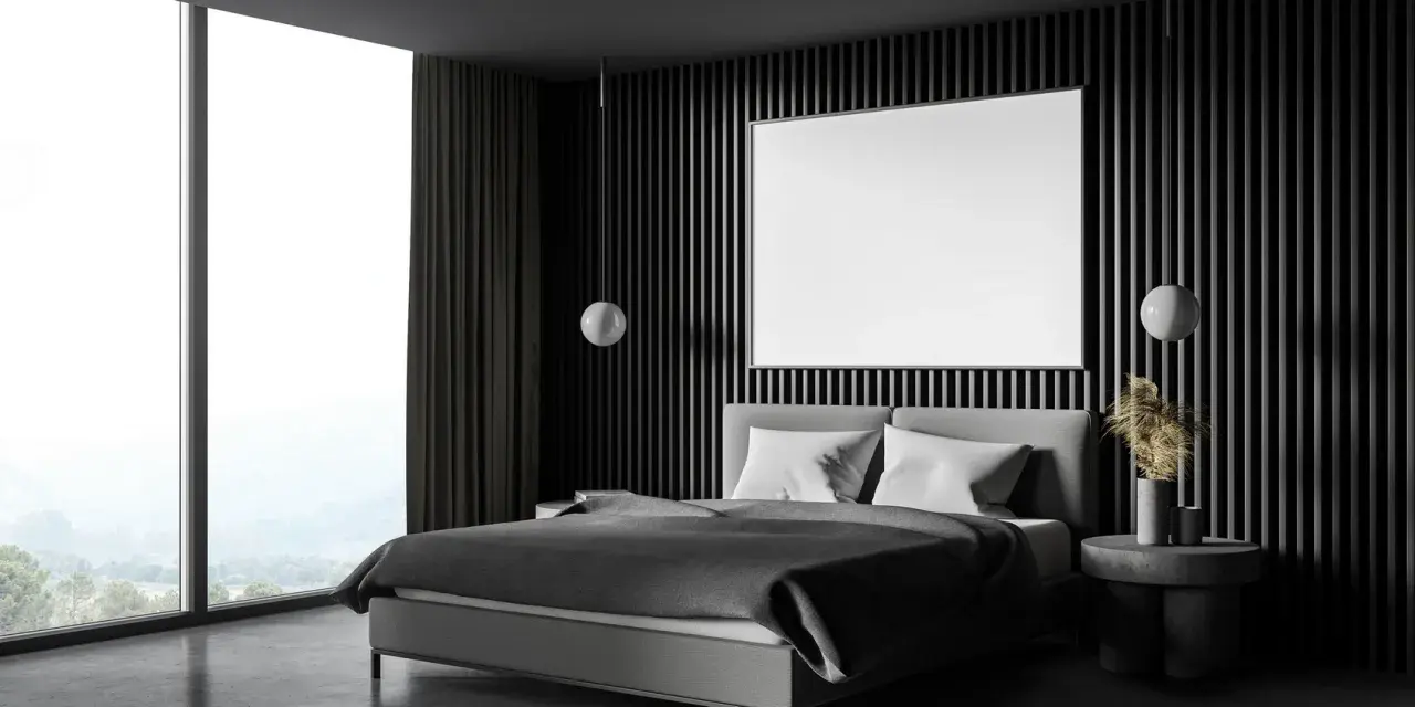Habitación moderna con cama gris, ventanal y pared acanalada. Ideas para como insonorizar una habitacion con materiales acústicos.