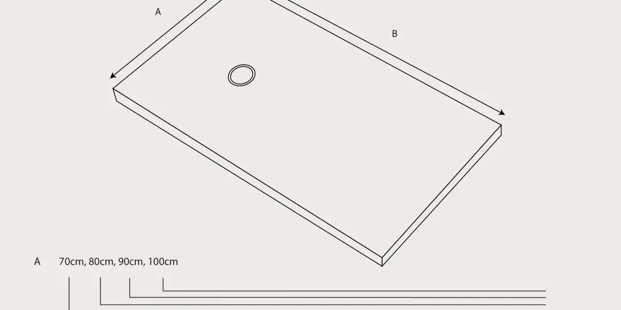 Diagrama de plato de ducha con flechas indicando las medidas A (70-100cm) y B (70-210cm).