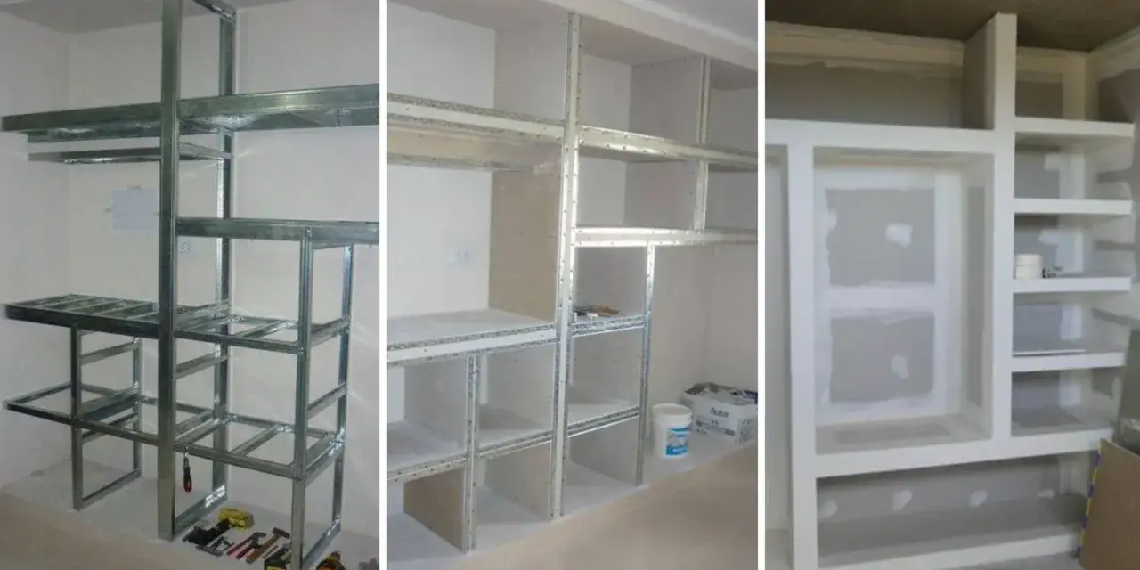 Construcción de un armario de pladur con estructura metálica y estantes. Se muestra el proceso desde el armazón hasta el acabado.