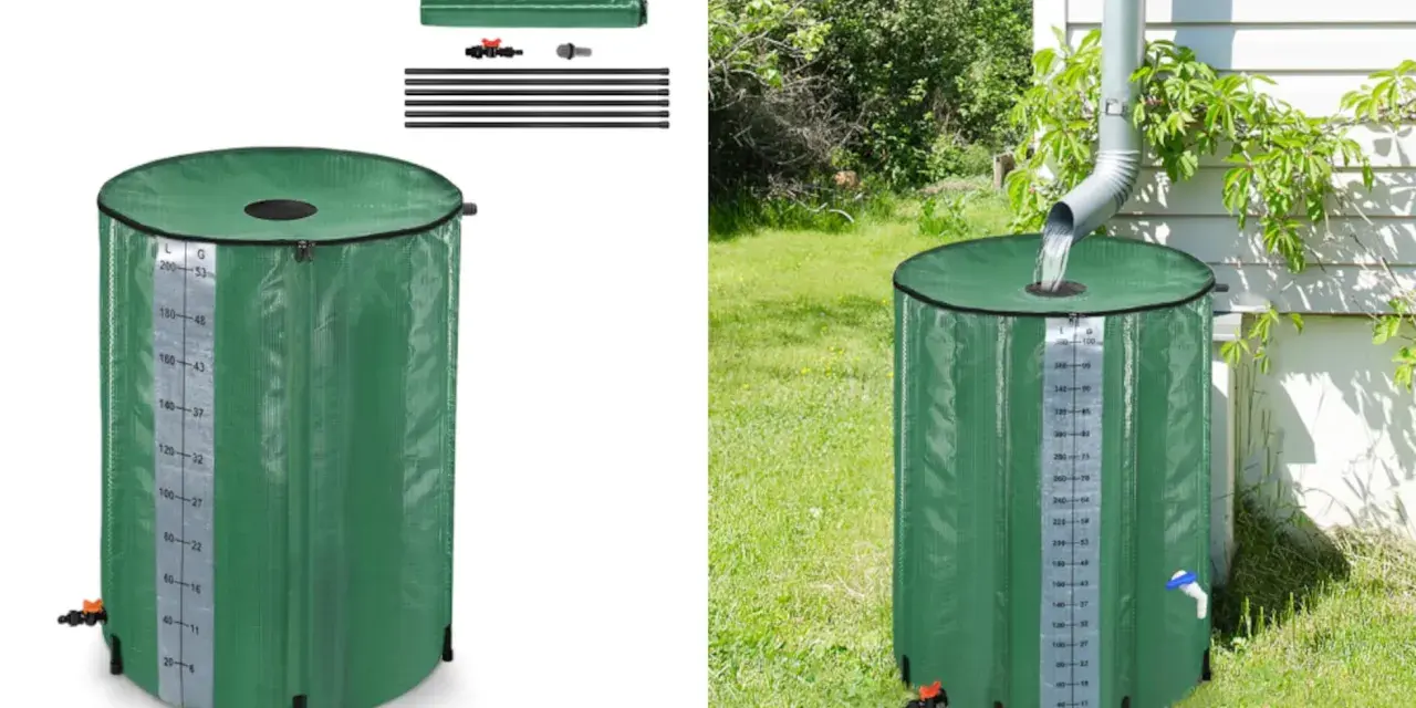 Inventos para recoger agua de lluvia: barril verde plegable con medidor de capacidad, ideal para jardines.