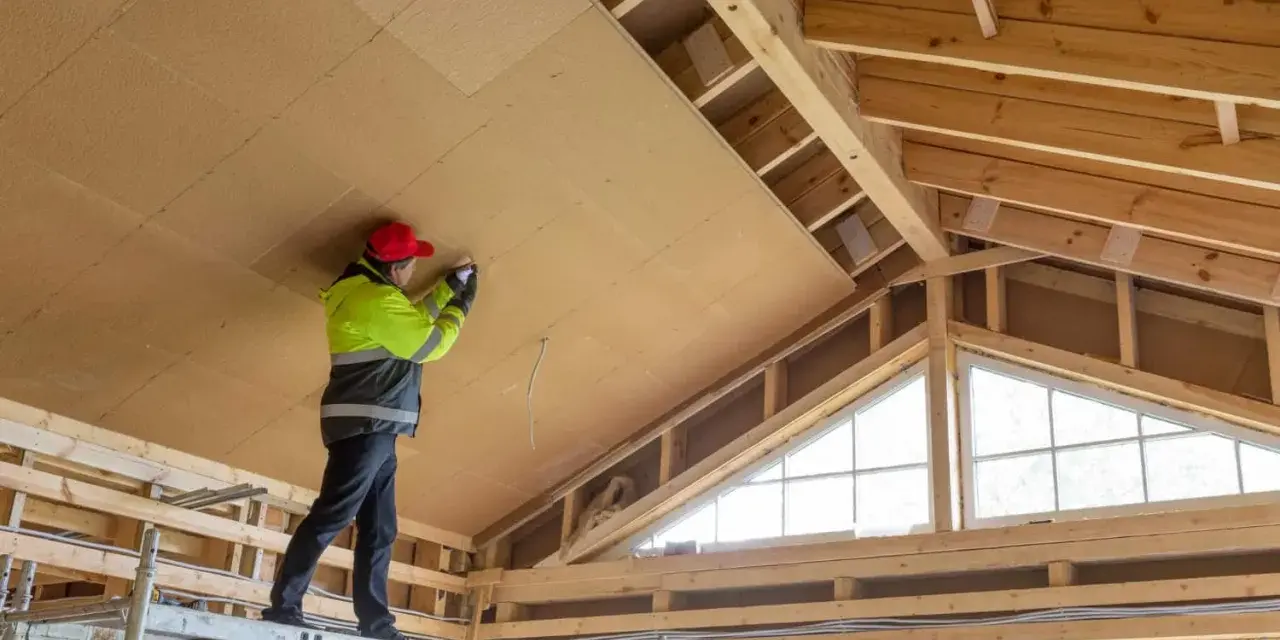 Trabajador en andamio instala paneles aislantes en el techo, parte de un proyecto para como aislar una casa ya construida.
