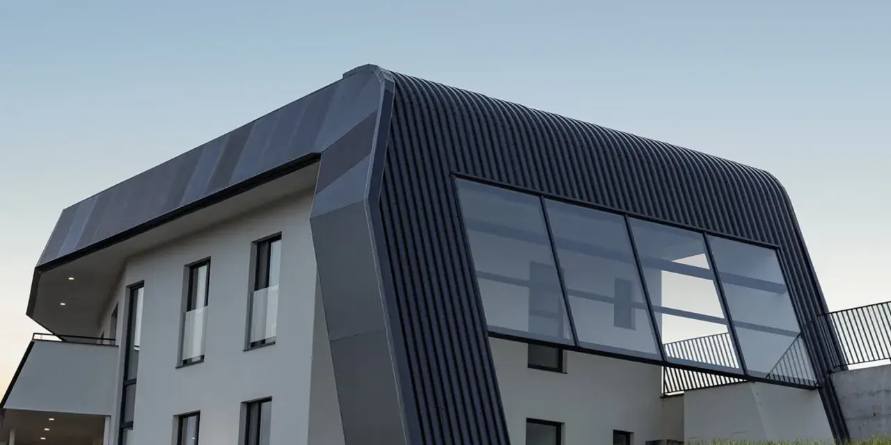 Moderna casa autosuficiente con techo curvo y grandes ventanales, rodeada de hierba alta bajo un cielo despejado.