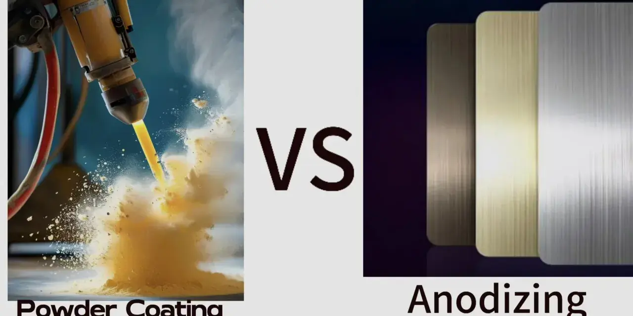 Proceso de pintar aluminio con recubrimiento en polvo versus anodizado, mostrando la aplicación de pintura y muestras de aluminio anodizado.