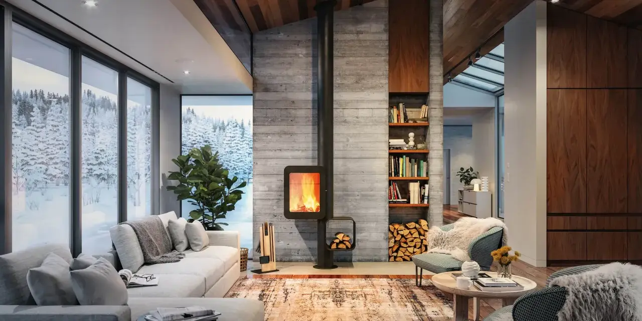 Chimenea moderna de leña, un ejemplo de los tipos de chimenea que calientan este acogedor salón con vistas nevadas.