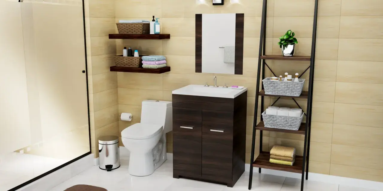Baños modernos pequeños con ducha, inodoro, lavabo con mueble oscuro y estantería de escalera con cestas organizadoras.
