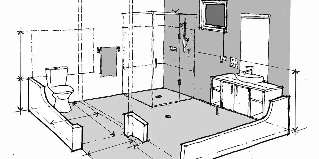 Boceto de un baño moderno con ducha, inodoro y lavabo. Se aprecian las medidas para la instalacion fontaneria baño.