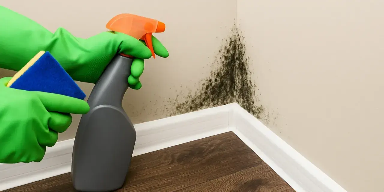 Manos con guantes verdes rociando y limpiando moho negro en la esquina de una pared, buscando quitar moho pared definitivamente.
