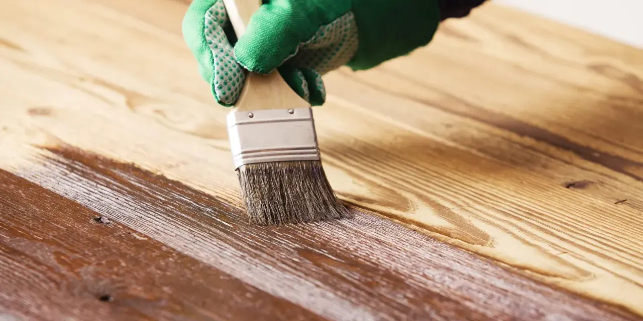Mano con guante verde aplicando barniz a madera. El proceso de barnizar madera protege y embellece la superficie.