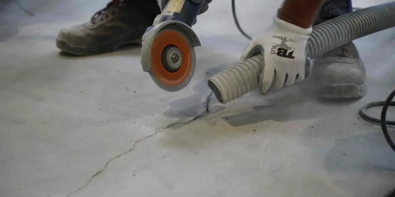 Trabajador usa una amoladora para hacer una solera de hormigón sobre tierra, aspirando el polvo.