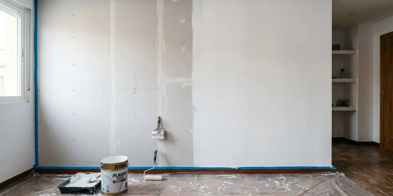 Preparativos para pintar pladur: cinta azul protege el suelo y la pared, cubos de pintura y rodillo listos para transformar la estancia.