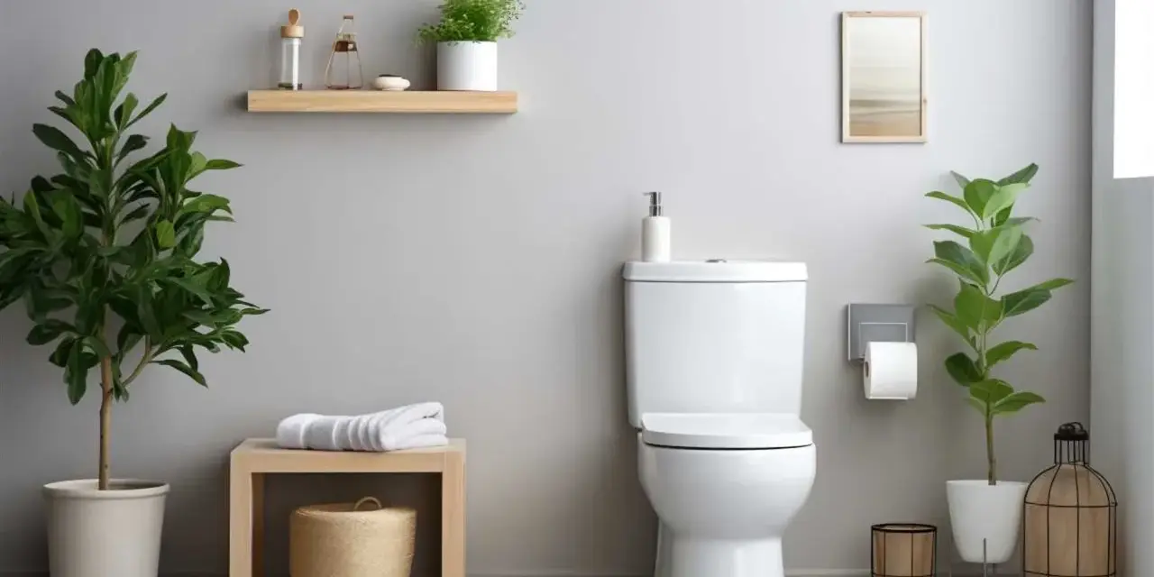 Un baño moderno con un inodoro blanco, plantas verdes y un espejo. Se aprecian varios tipos de inodoro en el diseño.