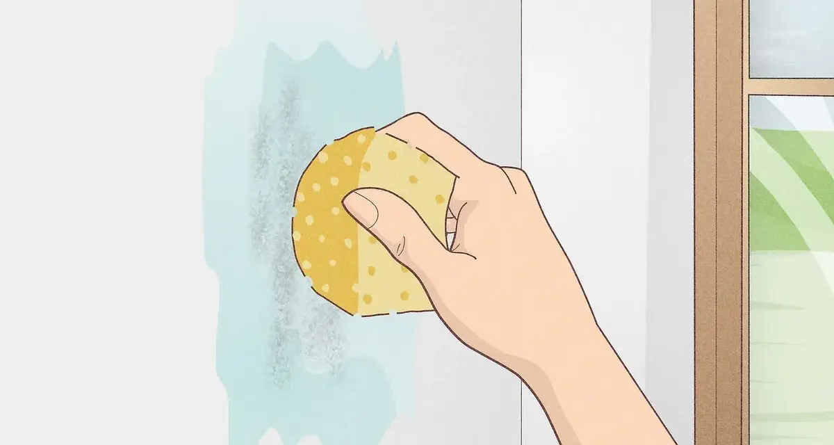 Mano limpiando una mancha en pared blanca con esponja y agua. Aprende como limpiar paredes blancas fácilmente.