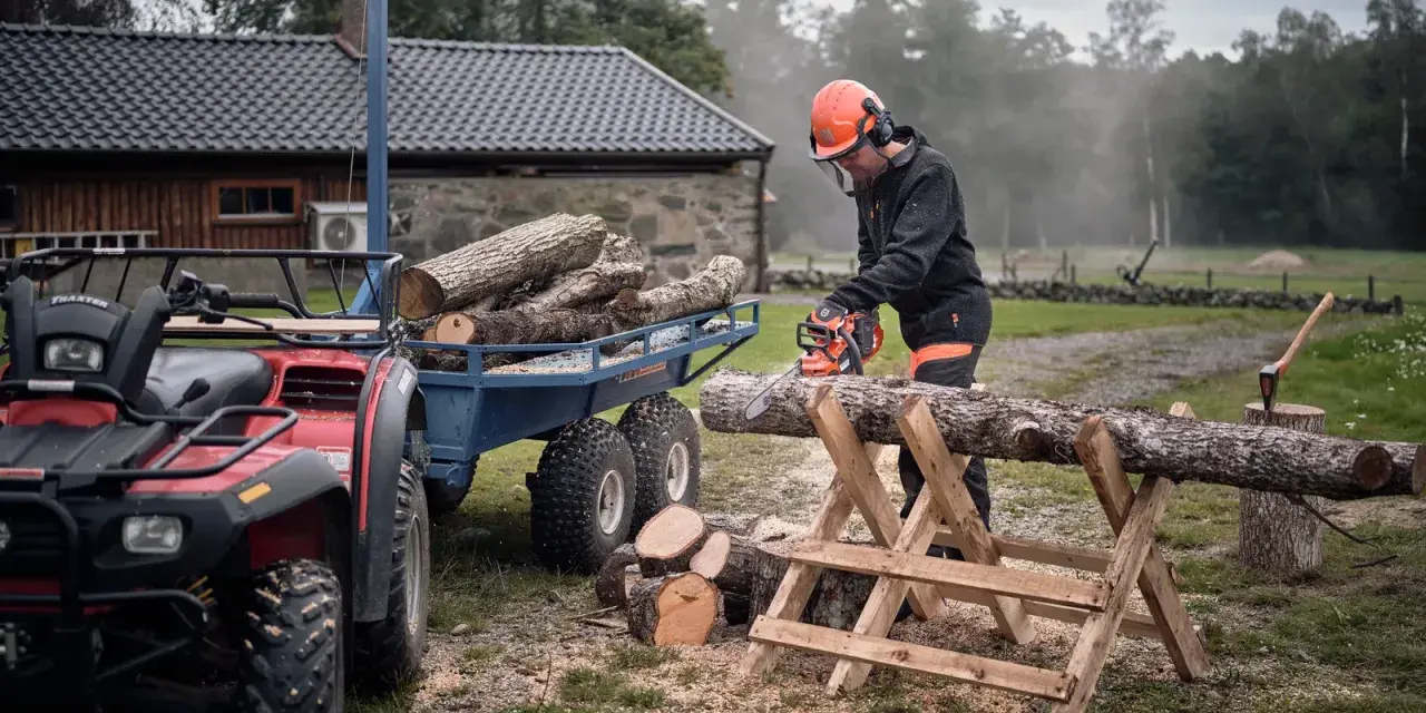 Hombre corta leña con motosierra, pensando cuál es la mejor leña para chimenea. Remolque con troncos y ATV al lado.