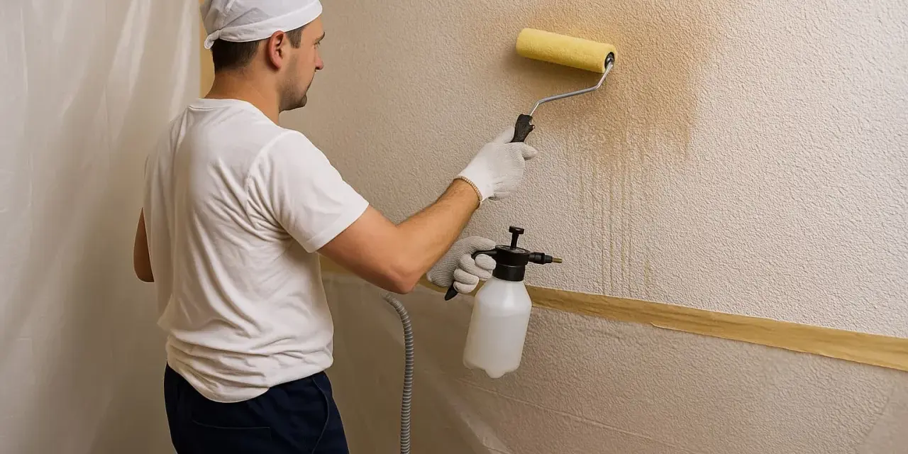 Hombre con rodillo y pulverizador mojando la pared para quitar gotele con agua.