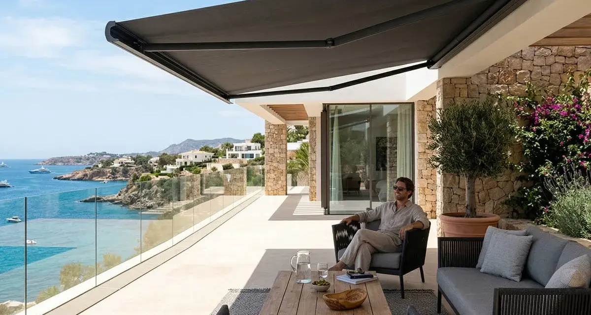 Hombre relajado en terraza con toldo oscuro, disfrutando de la vista al mar. Los colores de toldos de moda crean un ambiente moderno y elegante.